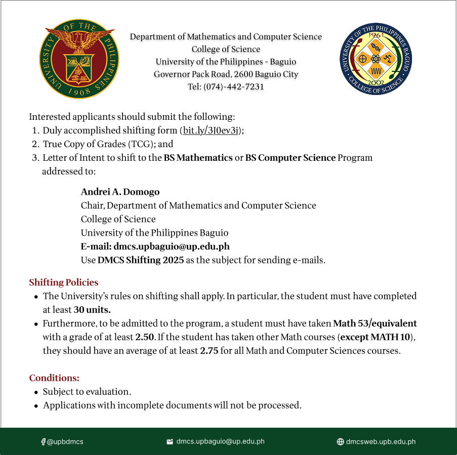  SHIFTING APPLICATIONS to the BS Mathematics and BS Computer Science Programs for the First Semester AY 2025-2026