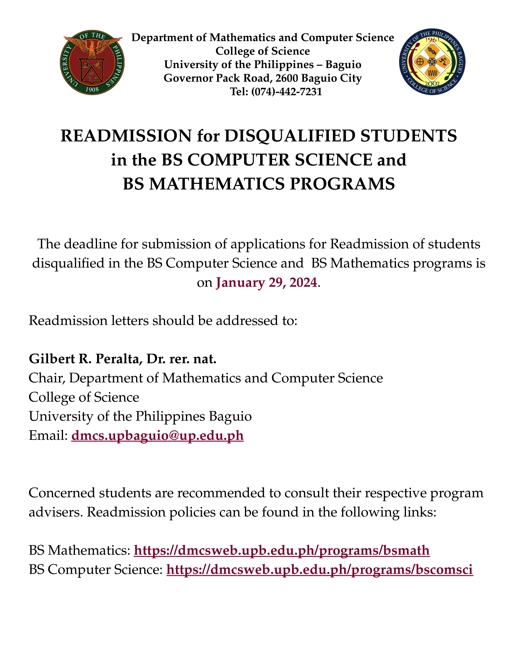 Readmission of Disqualified Students in the BS Computer Science and BS Mathematics Programs