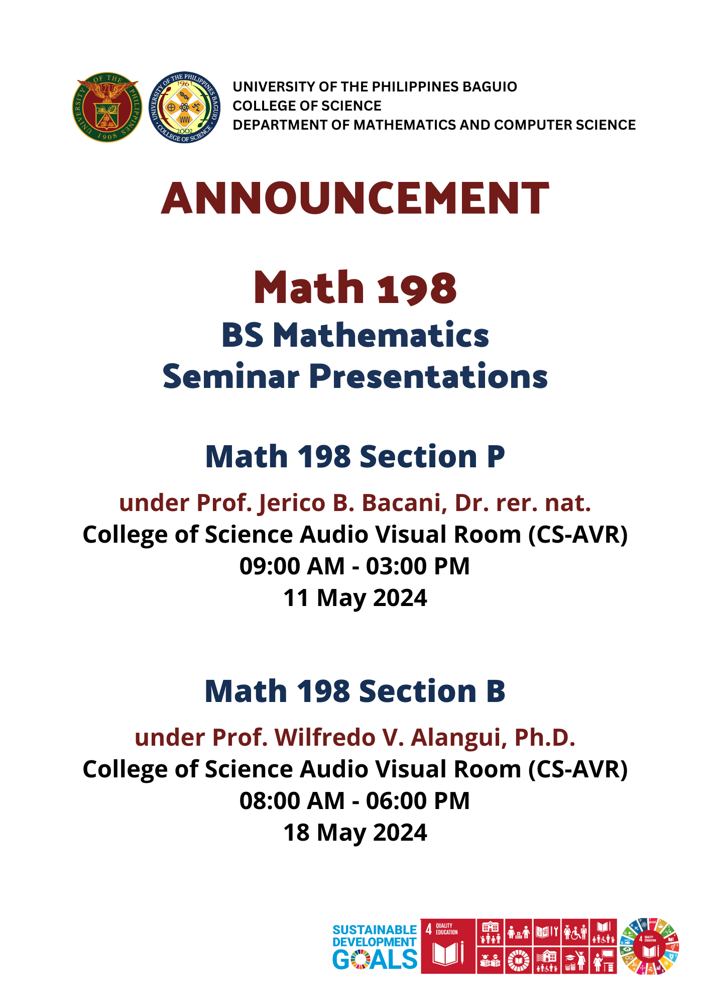 Math 198 Seminar Presentations 11 & 18 May 2024