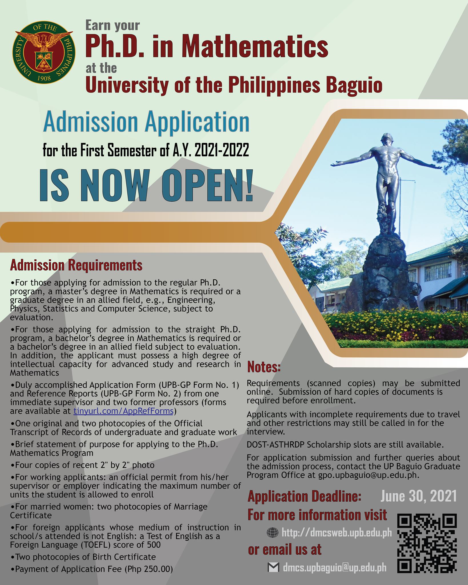 Application to the Ph.D. in Mathematics program for the 1st Semester of A.Y. 2021-2022