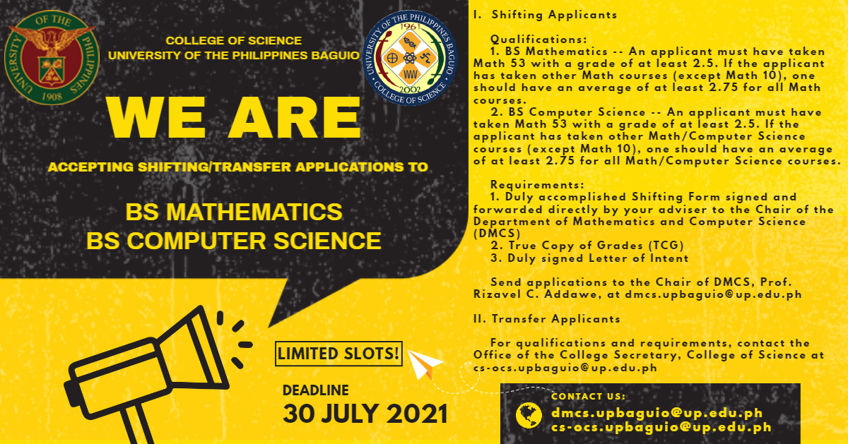 Accepting Shifting and Transfer Applications to the BS Mathematics and BS Computer Science program